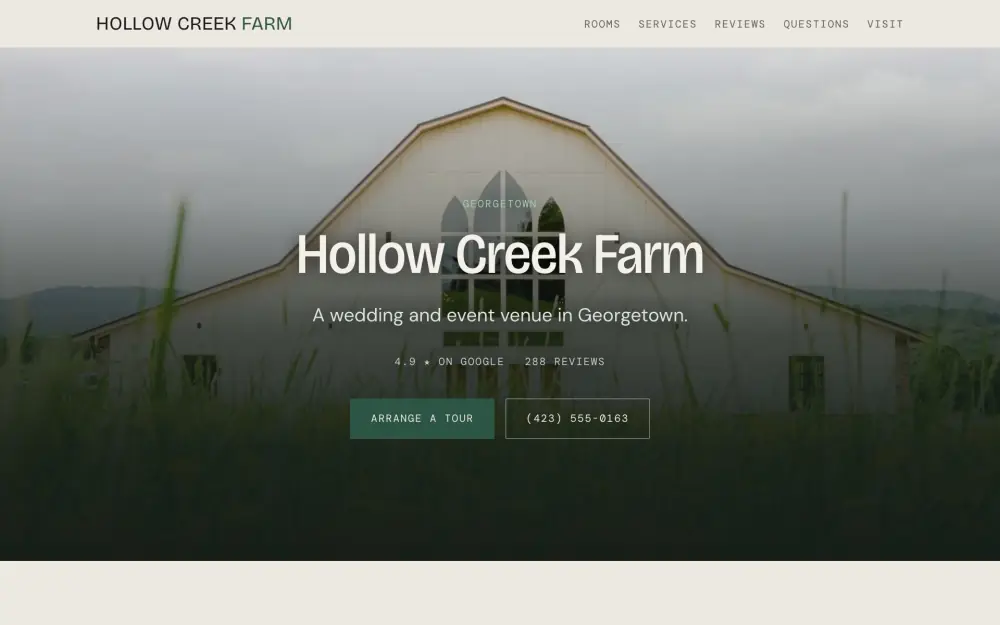 Home page of the Hollow Creek Farm demo site: a light oyster page with the venue name in a wide grotesque and a numbered index of what it offers.