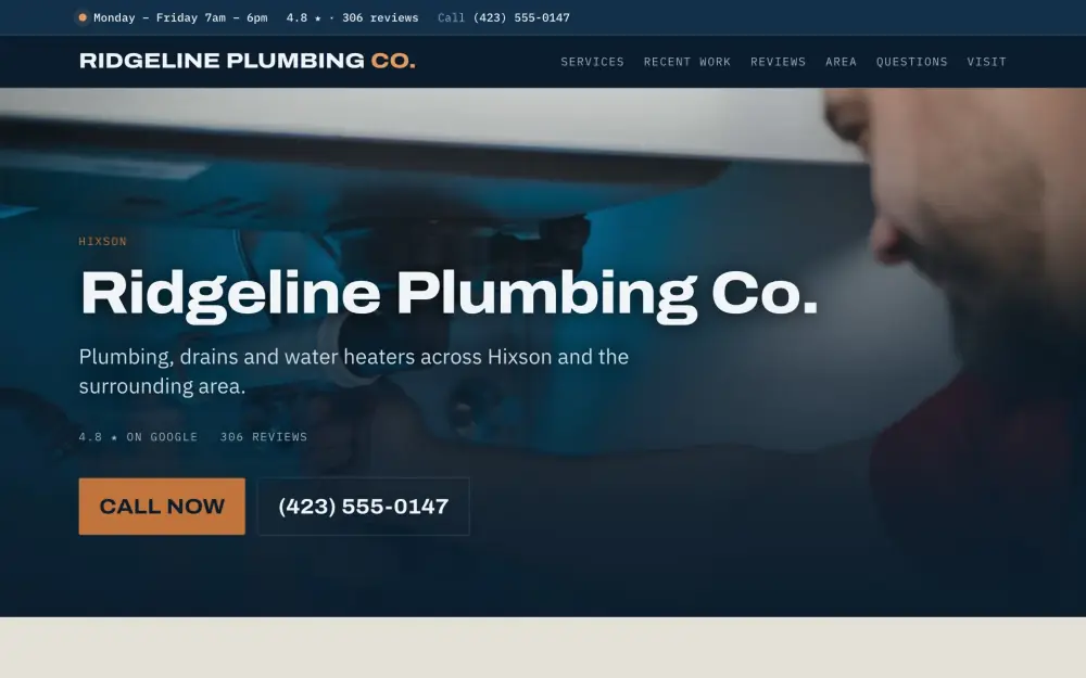 Home page of the Ridgeline Plumbing demo site: a navy blueprint-grid hero with a status strip along the top and a large call button.
